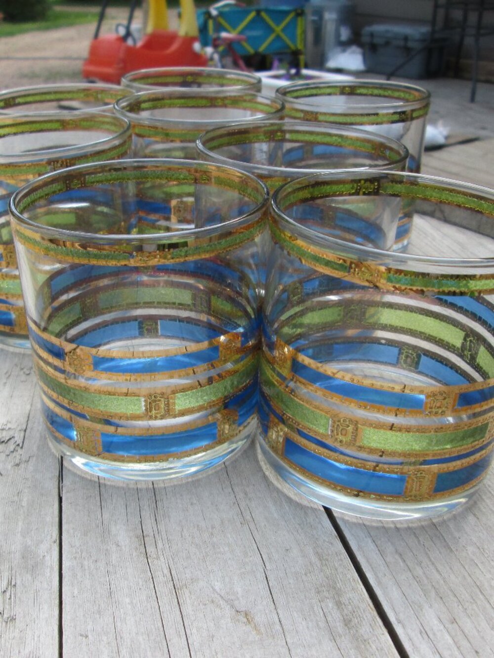 8- vtg Empress Culver blue green 22 k gold high ball cocktail rock glasses mint